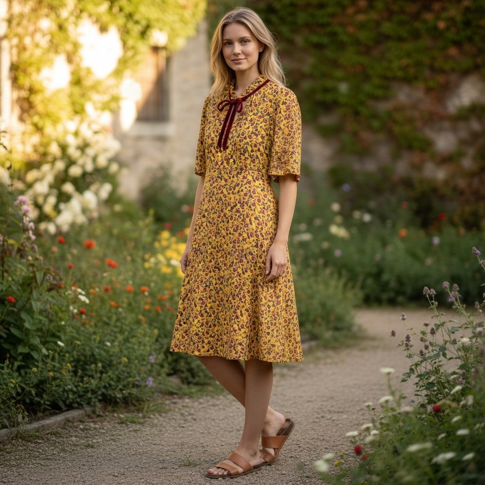 Donna Morgan Yellow Floral Midi Dress Velvet Tie Neck Ruffle Flutter Sleeve 4 - Picture 4 of 9